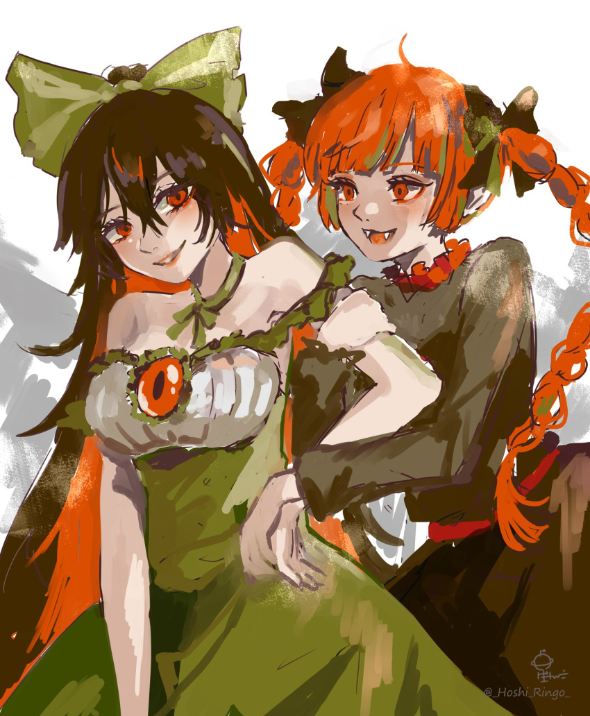 2girls :d ahoge alternate_color arm_at_side bangs bare_shoulders black_bow black_dress black_hair blunt_bangs bow braid breasts commentary cowboy_shot dress fangs frilled_dress frills green_bow green_dress green_ribbon hair_between_eyes hair_bow head_tilt highres hoshiringo0902 kaenbyou_rin large_breasts lips locked_arms long_hair looking_at_another multiple_girls neck_ribbon off-shoulder_dress off_shoulder one-hour_drawing_challenge open_mouth parted_lips ponytail red_eyes redhead reiuji_utsuho ribbon signature simple_background smile third_eye touhou tsurime twin_braids twitter_username white_background