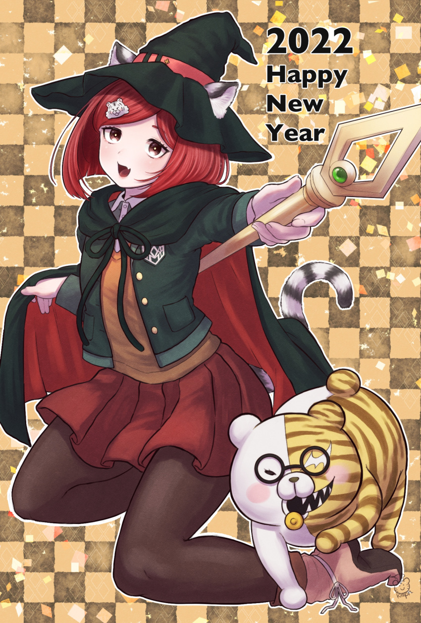 1girl 2022 alternate_hair_ornament animal_ears bangs black_cape black_jacket brown_background brown_legwear brown_vest cape checkered_background collared_shirt danganronpa_(series) danganronpa_v3:_killing_harmony fang glasses grey_shirt hair_ornament happy_new_year hat highres jacket kuma_pan_(bearbread624) long_sleeves looking_at_viewer miniskirt monosuke new_year open_mouth pleated_skirt red_cape red_skirt redhead shirt short_hair skirt smile tail tiger_ears tiger_hair_ornament tiger_tail two-sided_cape two-sided_fabric vest white_shirt witch_hat yumeno_himiko