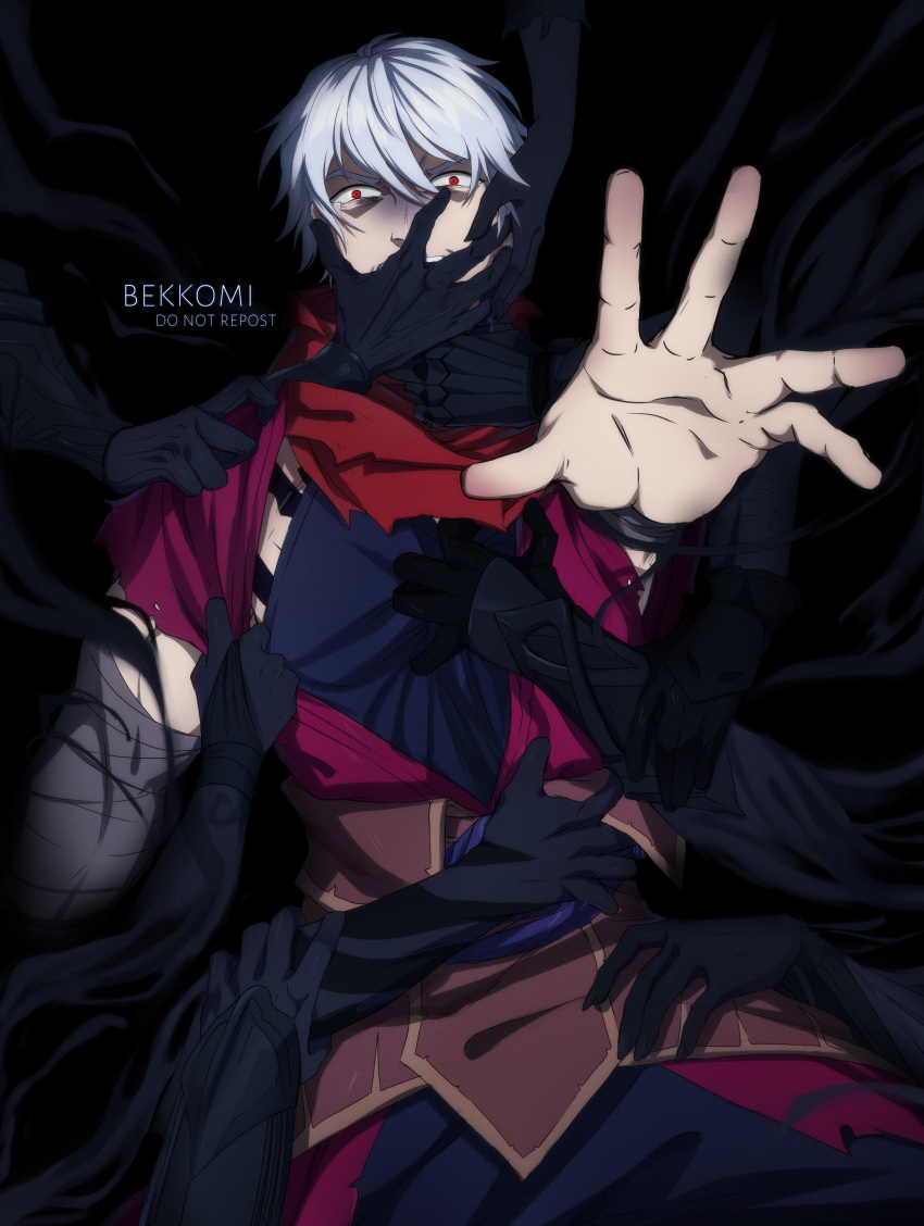 1boy absurdres alternate_costume arm_up artist_name bandaged_arm bandages bangs bekkomi black_gloves black_nails black_pants black_skin colored_skin english_commentary gloves grabbing grey_hair hair_between_eyes hand_on_another's_mouth hand_up highres league_of_legends looking_at_viewer male_focus multiple_others nail_polish pants red_eyes red_scarf scarf short_hair short_sleeves torn_scarf zed_(league_of_legends)