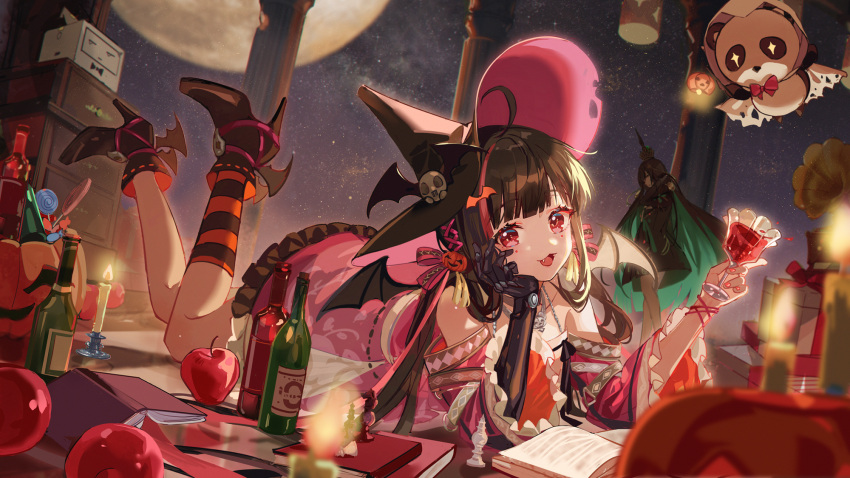 +_+ 2girls ahoge alcohol apple arm_support bangs bare_shoulders bat_ornament bat_wings black_dress black_footwear black_hair black_headwear black_legwear blurry blurry_foreground book bottle box candle chess_piece commentary creature cup detached_sleeves dress drinking_glass eyebrows_visible_through_hair fang food food-themed_hair_ornament frilled_dress frilled_sleeves frills fruit gift gift_box green_hair hair_ornament hair_ribbon halloween hat head_rest high_heels highres holding holding_cup jewelry kanose legs_up long_hair looking_at_viewer lucia_(punishing:_gray_raven) lying mechanical_arms moon multicolored_hair multiple_girls nail_polish necklace night off_shoulder on_stomach open_book open_mouth orange_legwear phonograph pillar pink_dress pink_ribbon pumpkin pumpkin_hair_ornament punishing:_gray_raven qu_(punishing:_gray_raven) red_eyes red_nails redhead ribbon single_mechanical_arm single_sock sky smile socks solo_focus standing star_(sky) starry_sky streaked_hair striped striped_legwear symbol-only_commentary two-tone_hair wine wine_bottle wings witch_hat