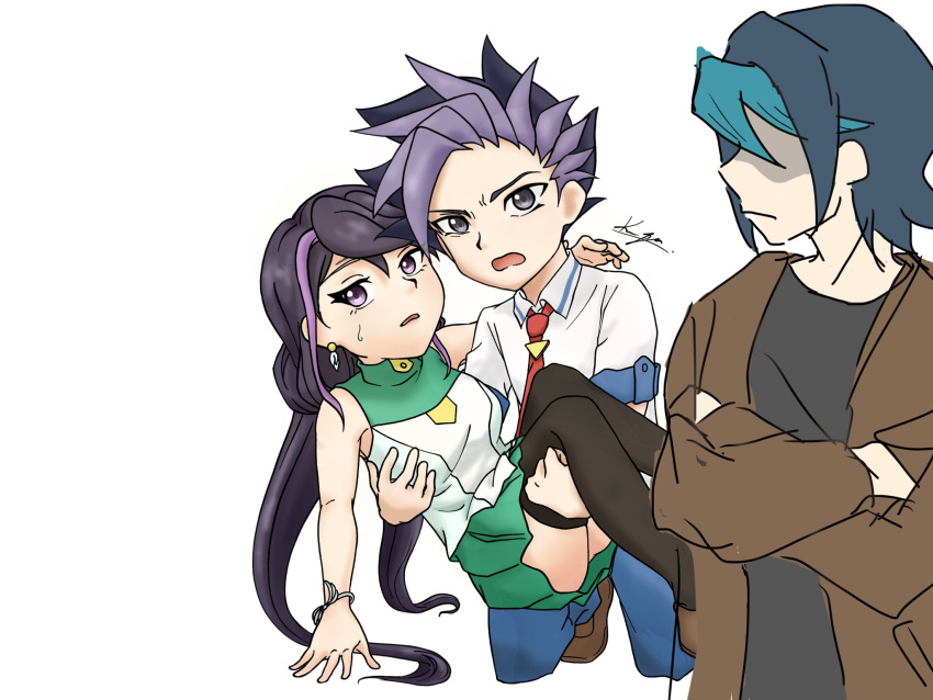 1girl 2boys couple don_crows kurosaki_ruri kurosaki_shun long_hair multicolored_hair purple_eyes purple_hair school_uniform spiky_hair two-tone_hair yu-gi-oh! yu-gi-oh!_arc-v yuu-gi-ou yuu-gi-ou_arc-v yuuto_(yuu-gi-ou_arc-v)