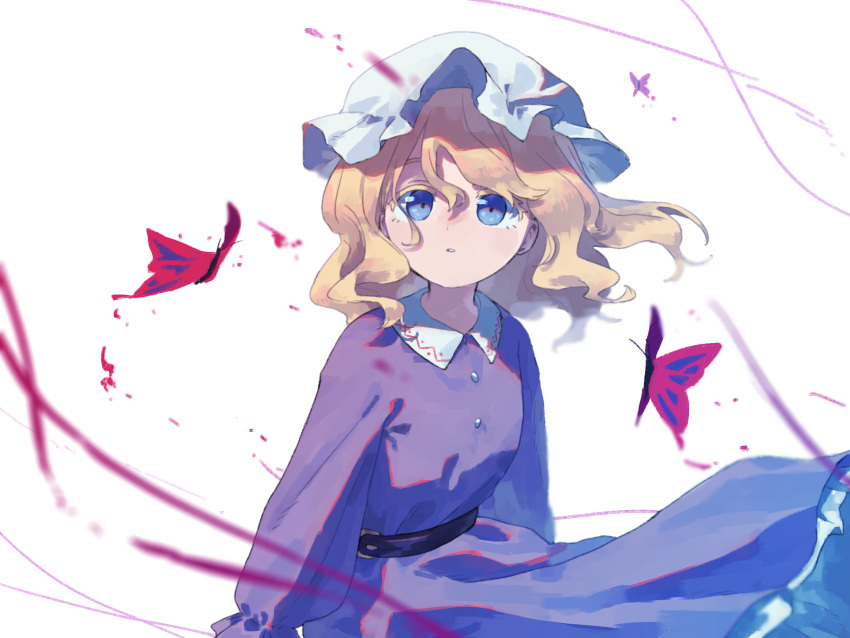 1girl arms_at_sides belt belt_buckle black_belt blonde_hair blue_eyes buckle bug butterfly buttons commentary dress eyebrows_behind_hair hair_between_eyes hat highres light_blush long_sleeves looking_at_viewer maribel_hearn medium_hair mob_cap nama_udon parted_lips purple_dress red_butterfly simple_background solo string touhou upper_body wavy_hair white_background white_headwear