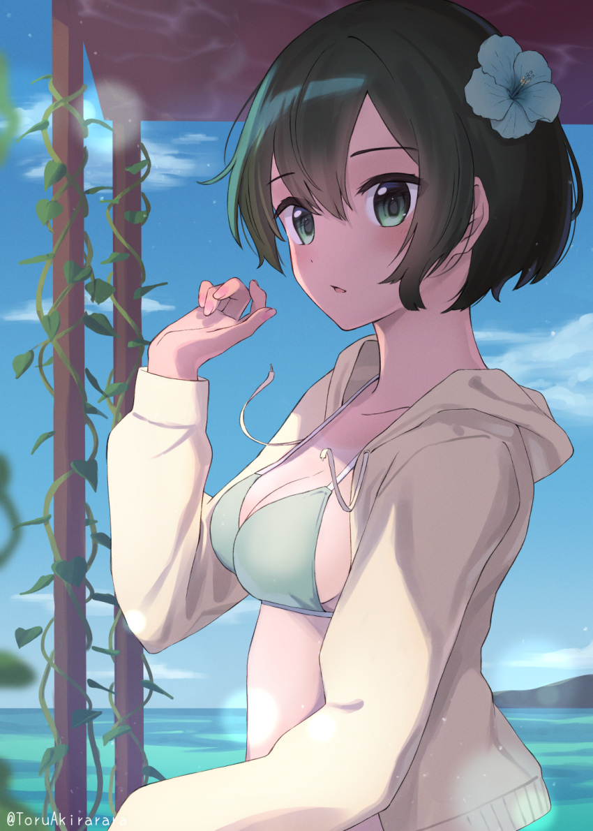 1girl akira_tooru artist_name bikini black_hair blue_flower blue_sky breasts clouds commentary_request day flower from_side green_bikini green_eyes hair_between_eyes hair_flower hair_ornament hand_up highres hood hood_down hooded_jacket jacket long_sleeves looking_at_viewer looking_to_the_side medium_breasts open_clothes open_jacket original outdoors short_hair sky solo swimsuit yellow_jacket