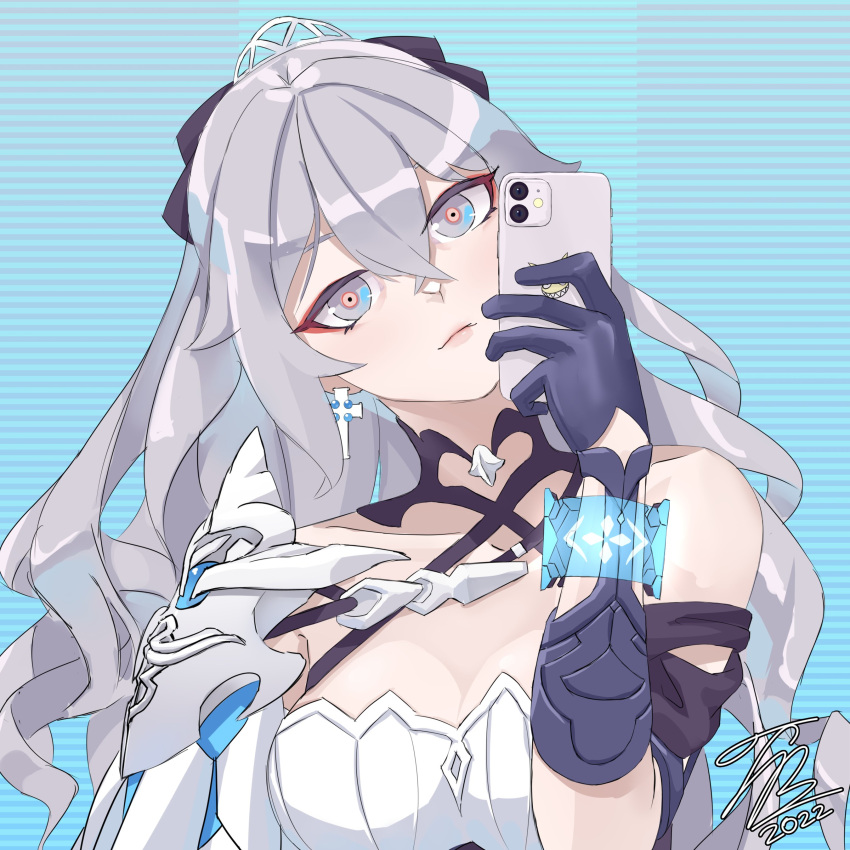 absurdres armor asymmetrical_gloves blue_stripes breasts bronya_zaychik_(silverwing:_n-ex) cellphone cross cross_earrings dress drill_hair earrings gloves grey_eyes grey_hair highres holding holding_phone honkai_(series) honkai_impact_3rd jewelry large_breasts mismatched_gloves pauldrons phone shoulder_armor simple_background single_pauldron single_sleeve sleeveless sleeveless_dress tiara twin_drills vividambitions white_dress white_sleeves