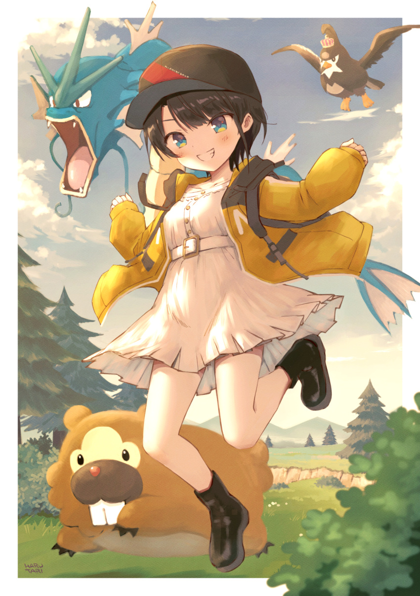 1girl artist_name backpack bag bare_legs baseball_cap belt belt_buckle bidoof black_footwear black_hair black_headwear blue_eyes blue_sky border buckle clouds day dress grass grin gyarados harutari hat highres hololive jacket jumping long_sleeves oozora_subaru open_clothes open_jacket outdoors pokemon sky sleeves_past_wrists smile staravia tree virtual_youtuber white_belt white_border white_dress yellow_jacket