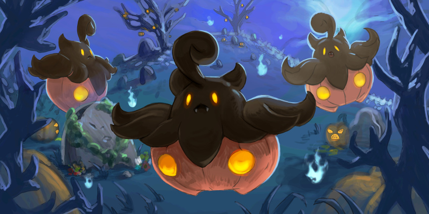 :&lt; absurdres bare_tree closed_mouth fangs fangs_out highres hill jack-o'-lantern jjfsantos moss night no_humans orange_eyes outdoors pokemon pokemon_(creature) pumpkaboo tombstone tree
