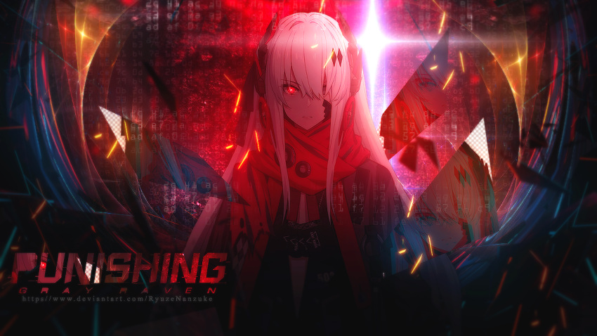 ao-ryn bangs dog_tags eyebrows_visible_through_hair glass_shards hair_between_eyes hair_ornament hair_over_one_eye looking_at_viewer lucia_(punishing:_gray_raven) lucia_s_crimson_abyss punishing:_gray_raven red_eyes scarf watermark web_address white_hair