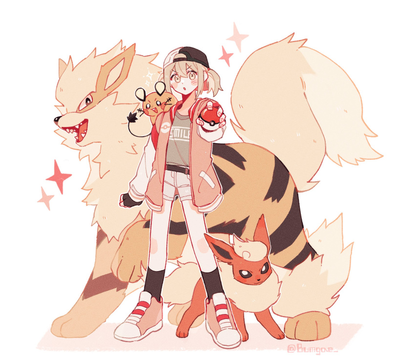 1girl :o arcanine azusawa_kohane backwards_hat black_gloves black_legwear blush brown_eyes bumgae commentary_request crossover dedenne fingerless_gloves flareon full_body gloves grey_shirt hamster hat highres holding holding_poke_ball jacket korean_commentary light_brown_hair long_sleeves looking_at_viewer on_shoulder orange_theme pink_footwear pink_jacket poke_ball pokemon pokemon_(creature) pokemon_on_shoulder project_sekai shirt shoes short_twintails shorts simple_background sneakers socks sparkle standing twintails white_background white_shorts