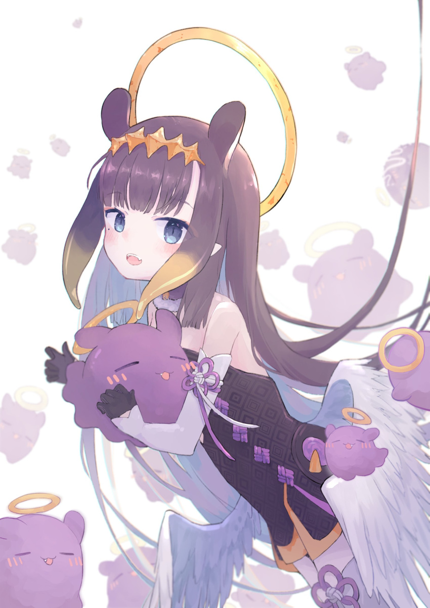 1girl :d absurdres bangs black_collar black_dress black_gloves blue_eyes blunt_bangs collar creature detached_sleeves dress feathered_wings flat_chest fur-trimmed_collar gloves gradient_hair halo headpiece highres hololive hololive_english hugging_own_legs kuroriddle long_hair looking_at_viewer low_wings mole mole_under_eye multicolored_hair ninomae_ina'nis orange_hair pointy_ears purple_hair short_dress single_thighhigh slit_pupils smile solo_focus strapless strapless_dress tako_(ninomae_ina'nis) tentacle_hair thigh-highs tube_dress very_long_hair virtual_youtuber white_legwear white_wings wings