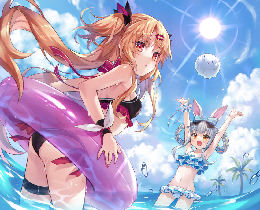 2girls :d animal_ears armpits arms_up ass bikini black_bikini blonde_hair blue_bow blue_hair blue_sky bow breasts character_request clouds collarbone cowboy_shot day eyebrows_visible_through_hair floating_hair frilled_bikini frills groin hair_bow hair_intakes highres iku2727 innertube long_hair multiple_girls navel ocean open_mouth outdoors palm_tree rabbit_ears red_bow red_eyes side-tie_bikini sky small_breasts smile standing summer sun swimsuit thigh_strap tied_hair tree twintails very_long_hair wading white_bikini yellow_eyes