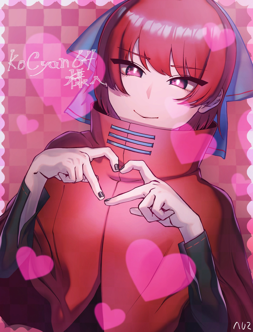 1girl :&gt; absurdres bangs black_nails black_shirt blue_bow bow breasts bright_pupils checkered_background cloak closed_mouth commission dutch_angle eyebrows_visible_through_hair hair_bow heart heart_hands heshiko_disco high_collar highres light_smile long_sleeves looking_at_viewer medium_breasts nail_polish pink_background pink_eyes red_cloak redhead sekibanki shirt short_hair simple_background skeb_commission solo swept_bangs touhou upper_body white_pupils