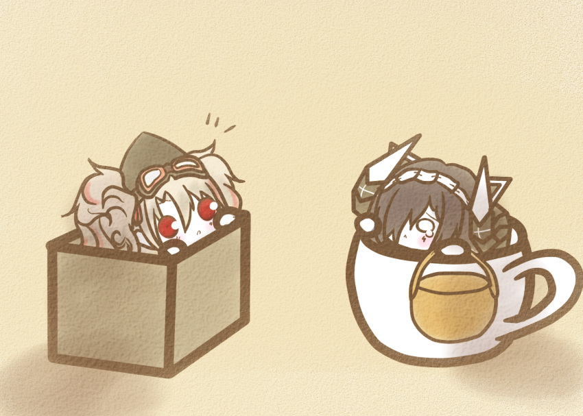 2girls august_von_parseval_(azur_lane) azur_lane basket black_hair box chibi cup curled_horns goggles goggles_on_headwear grey_hair hair_between_eyes hair_over_one_eye holding holding_basket horns in_box in_container in_cup koti maid_headdress mechanical_horns multicolored_hair multiple_girls prinz_adalbert_(azur_lane) red_eyes redhead simple_background streaked_hair tearing_up twintails two-tone_hair yellow_background