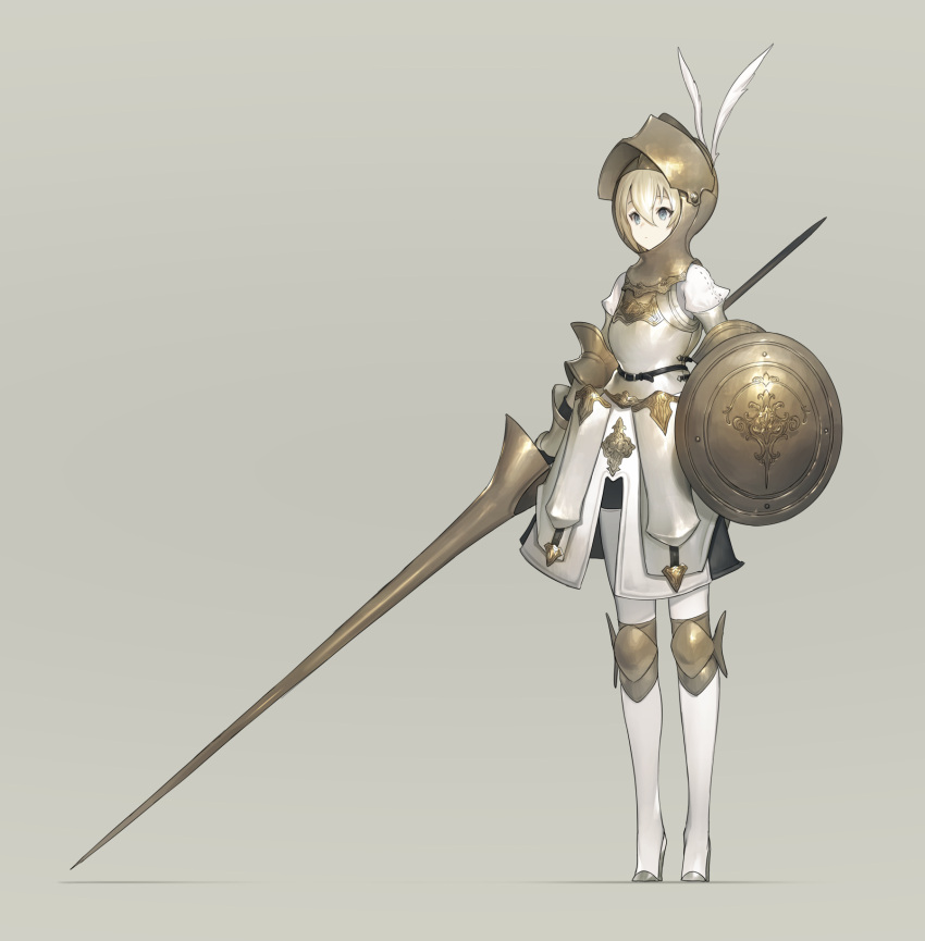 1girl amor armor beige_background blonde_hair blue_eyes boots breastplate commentary_request fantasy faulds full_body hair_between_eyes helmet high_heel_boots high_heels highres holding holding_polearm holding_weapon juliet_sleeves km_yama knee_pads lance long_sleeves original plate_armor polearm puffy_sleeves shield solo standing thigh-highs thigh_boots visor_(armor) visor_lift weapon