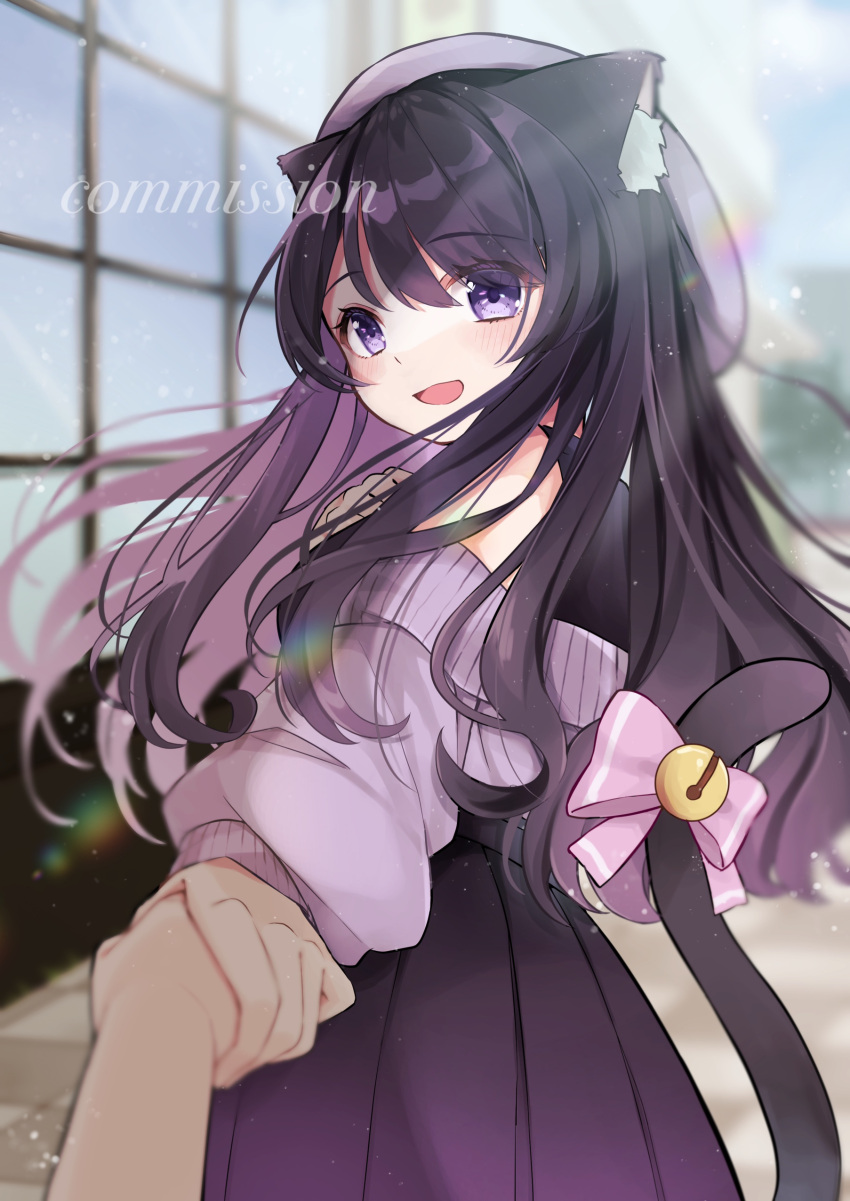 1girl absurdres animal_ear_fluff animal_ears bell beret black_hair blush bow cat_ears cat_girl cat_tail commission eyebrows_visible_through_hair floating_hair hat highres holding_hands indie_virtual_youtuber looking_at_viewer looking_back nono_chitose pink_bow pink_headwear pov shimotsuki_miri skeb_commission solo_focus tail tail_bow tail_ornament violet_eyes virtual_youtuber watermark