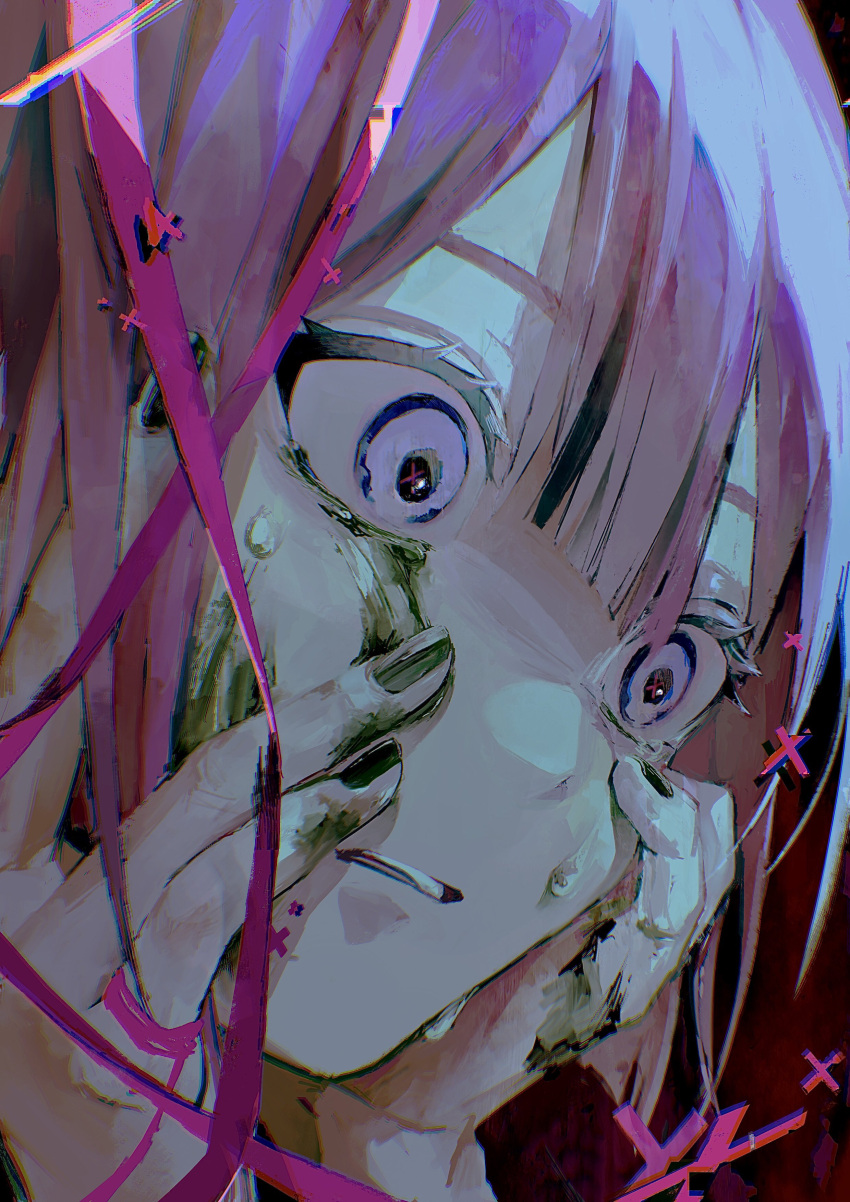 1girl absurdres black_nails chromatic_aberration clenched_teeth commentary_request crying despair dirty dirty_face dirty_hands face hair_between_eyes hands_on_own_cheeks hands_on_own_face highres medium_hair nira-chan nowatari_hii pink_hair pink_ribbon pink_string red_background ribbon solo string string_of_fate symbol_in_eye teeth violet_eyes wide-eyed zutto_mayonaka_de_ii_no_ni