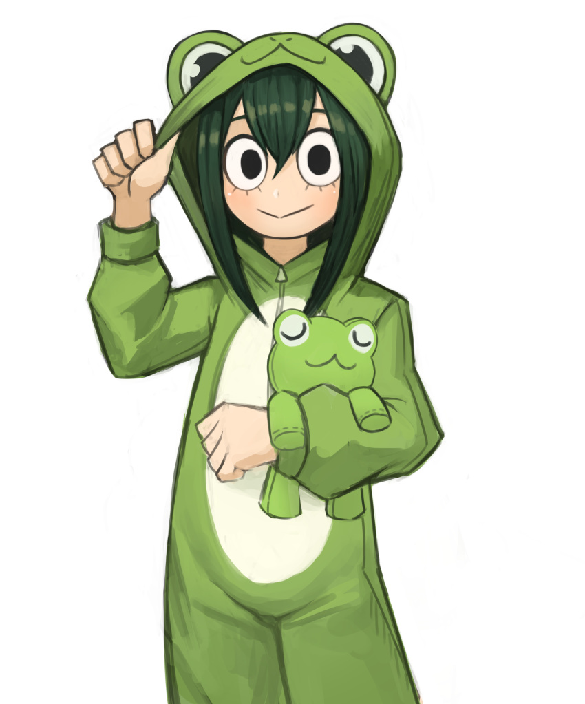 1girl :&gt; absurdres animal_costume asui_tsuyu bangs boku_no_hero_academia commentary dark_green_hair english_commentary frog_costume hair_between_eyes highres hood hood_up long_sleeves looking_at_viewer simple_background smile solo sookmo stuffed_animal stuffed_frog stuffed_toy white_background