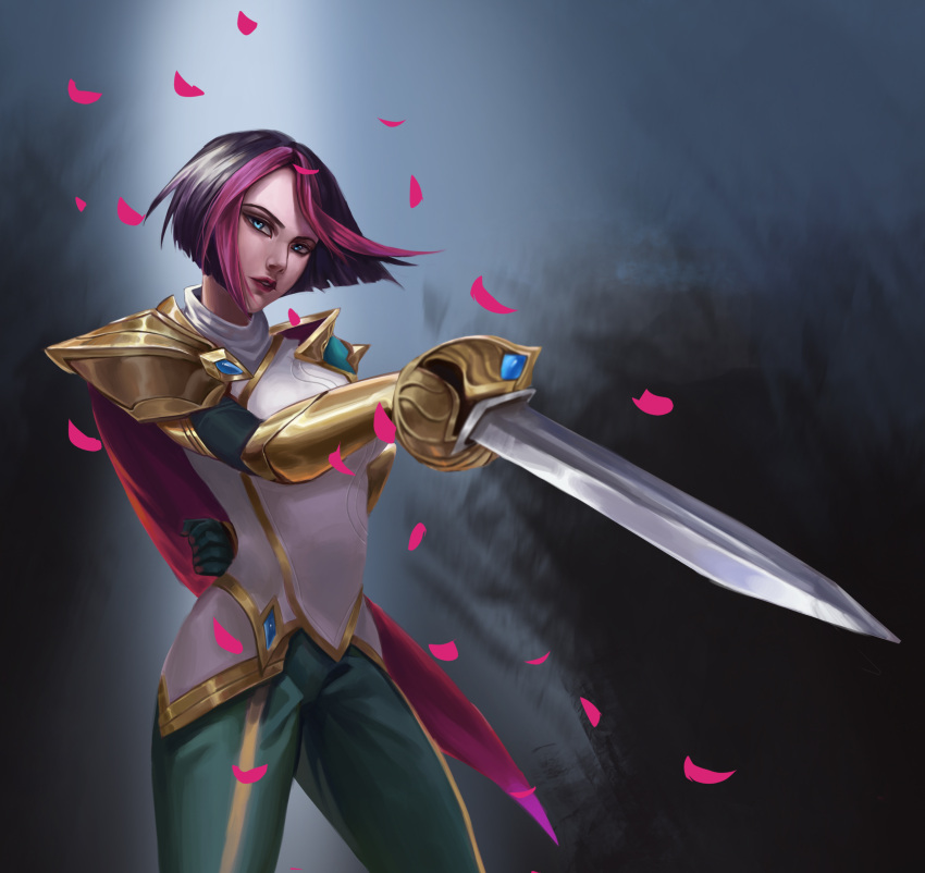 1girl absurdres arm_behind_back armor bangs black_background black_gloves black_hair breasts cape commentary_request cowboy_shot fiora_(league_of_legends) gloves green_background green_eyes green_pants hand_up highres holding holding_sword holding_weapon lan_xiezi league_of_legends multicolored_hair pants parted_lips petals pink_cape pink_hair rapier shiny shiny_clothes shiny_hair shirt short_hair shoulder_armor solo sword weapon white_shirt