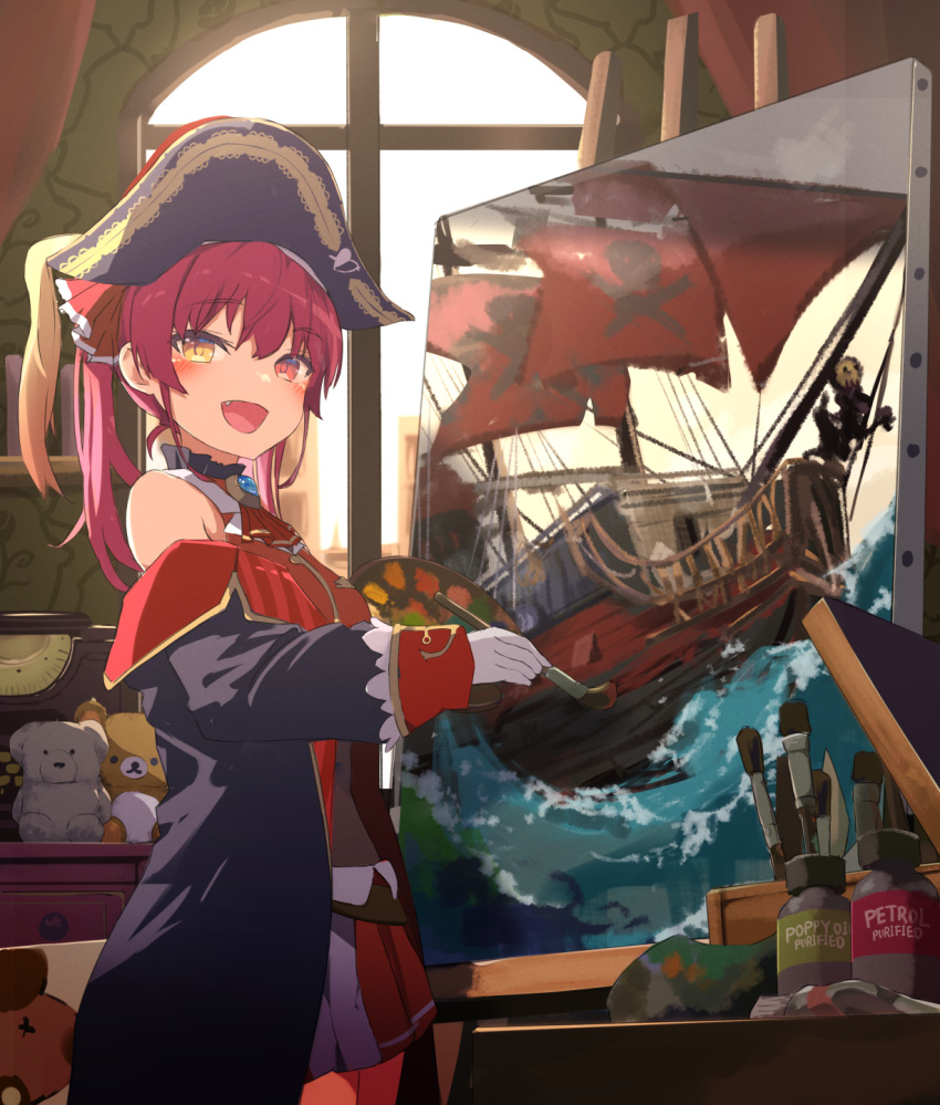 1girl bangs bare_shoulders blush canvas_(object) commentary cowboy_shot eyebrows_visible_through_hair hair_between_eyes hair_ribbon hat heterochromia highres holding holding_paintbrush hololive houshou_marine long_hair long_sleeves off_shoulder open_mouth paintbrush painting pirate_costume pirate_hat pirate_ship red_eyes red_ribbon redhead remini_(scenceremini) revision ribbon smile solo standing stuffed_toy virtual_youtuber yellow_eyes