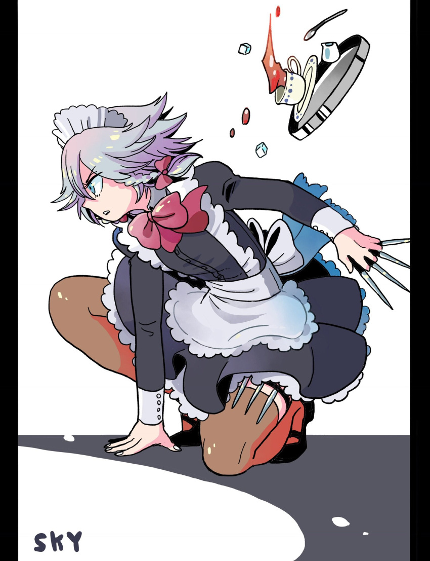1girl apron arm_up bangs black_footwear black_legwear blue_eyes bow bowtie braid breasts buttons cup fingernails hand_on_ground headdress highres holding holding_knife holster izayoi_sakuya kneeling knife knife_holster knives_between_fingers long_sleeves looking_to_the_side maid maid_apron maid_headdress mary_janes mashuu_masaki medium_breasts open_mouth outline red_bow red_bowtie serious shiny shiny_hair shoes short_hair silver_hair simple_background solo spoon sugar_cube tea teacup thigh-highs thigh_holster touhou tray twin_braids v-shaped_eyebrows white_background