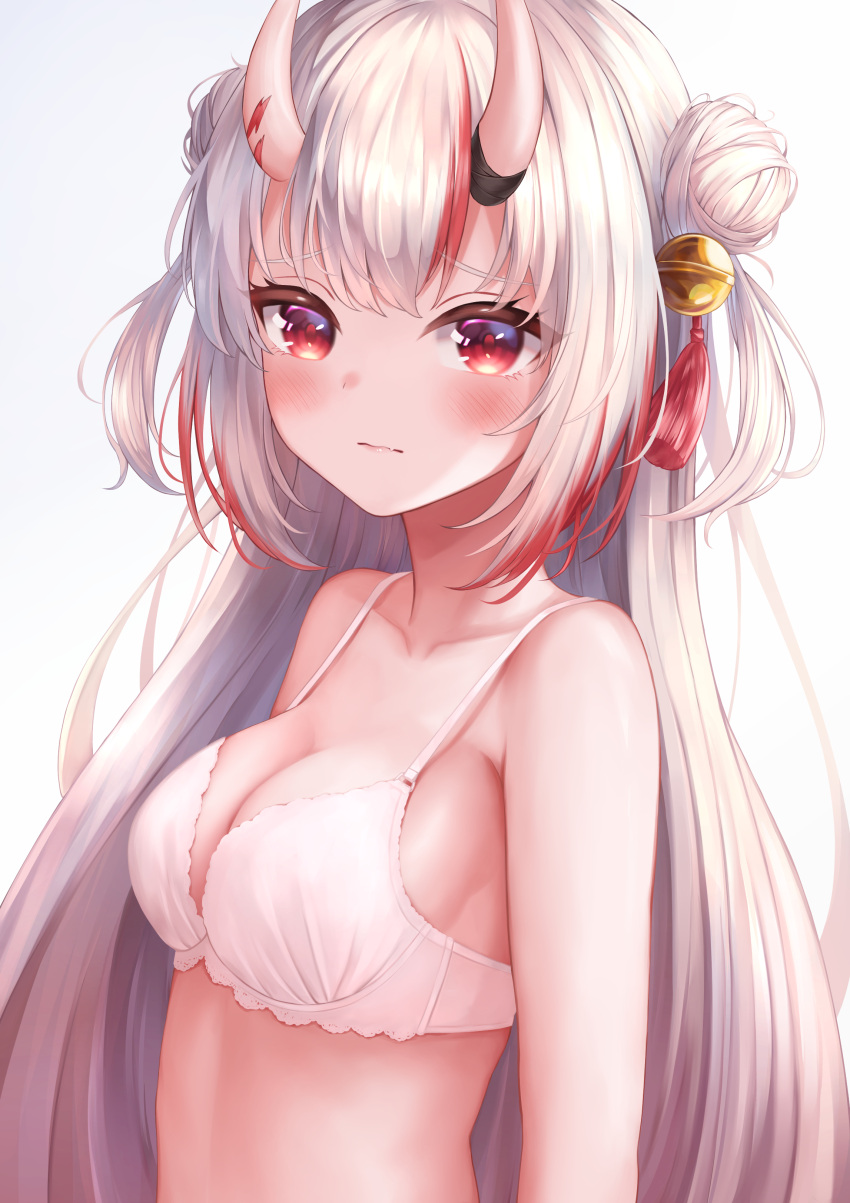 1girl absurdres bangs bare_shoulders bell blush bra breasts closed_mouth collarbone double_bun hair_bell hair_ornament highres hololive horns jingle_bell karashi_(asarikarasi) long_hair medium_breasts multicolored_hair nakiri_ayame oni_horns red_eyes redhead silver_hair simple_background solo streaked_hair tassel two_side_up underwear upper_body virtual_youtuber white_background white_bra