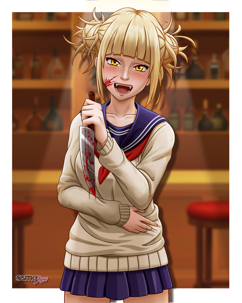 1girl bangs bar blonde_hair blood blood_on_knife boku_no_hero_academia highres holding holding_knife knife looking_at_viewer neckerchief open_mouth osmedraw red_neckerchief school_uniform smile solo toga_himiko yellow_eyes