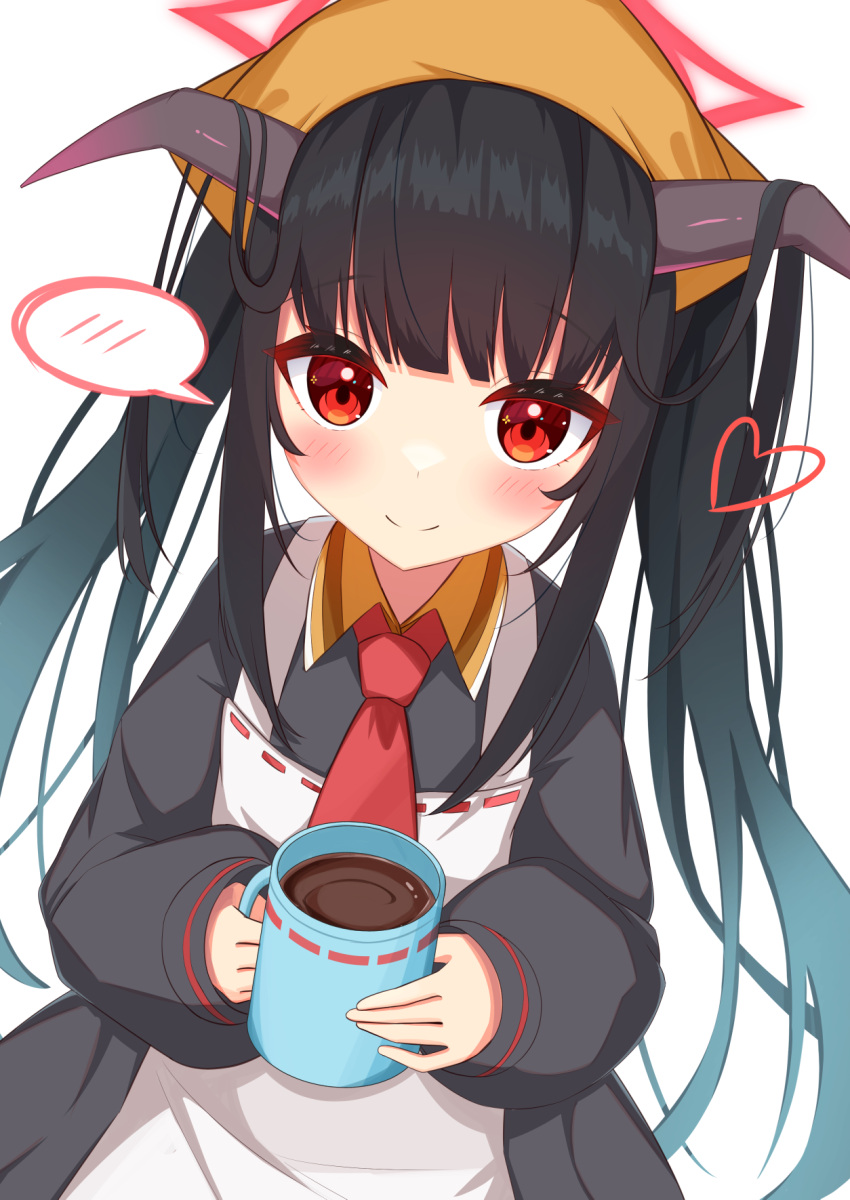 1girl apron black_hair blue_archive blush coffee_mug commentary_request cup fuuka_(blue_archive) hair_between_eyes halo haseya_8791 heart highres horns looking_at_viewer mug red_eyes school_uniform simple_background smile white_background