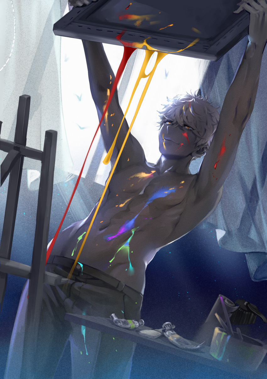 1boy absurdres ant blue_period bug canvas_(object) easel highres holding hy_(hungyu) indoors male_focus navel paint paint_tube short_hair topless_male white_hair yaguchi_yatora yellow_eyes