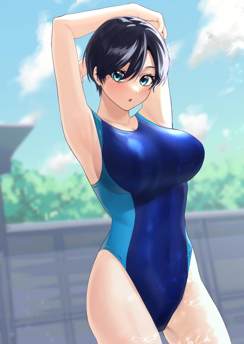 1girl absurdres armpits arms_behind_head arms_up black_hair blue_sky blue_swimsuit blurry blurry_background breasts clouds competition_swimsuit cowboy_shot day fence green_eyes highres large_breasts looking_at_viewer nono_(1n_n1_1) one-piece_swimsuit original outdoors short_hair sky solo standing stretch swimsuit