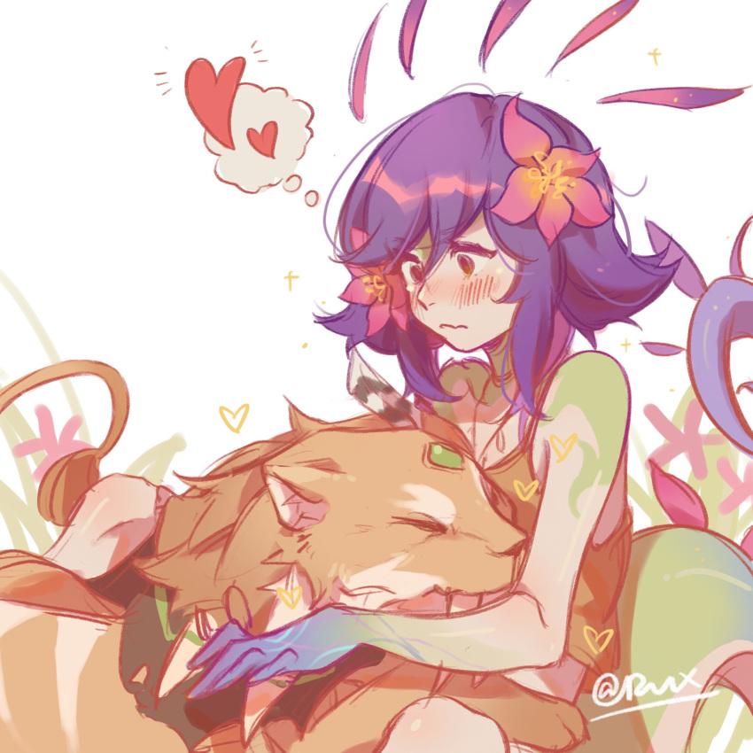 2girls alternate_form artist_name bangs bare_arms bare_shoulders blue_hair blush brown_camisole camisole colored_skin commentary_request cougar_(animal) fangs feather_hair_ornament feathers flower gem green_skin hair_between_eyes hair_flower hair_ornament heart highres hug jewelry league_of_legends lizard_tail looking_away medium_hair multicolored_hair multicolored_skin multiple_girls necklace neeko_(league_of_legends) nidalee purple_hair ruan_chen_yue sabertooth_cat tail thought_bubble vastaya yuri