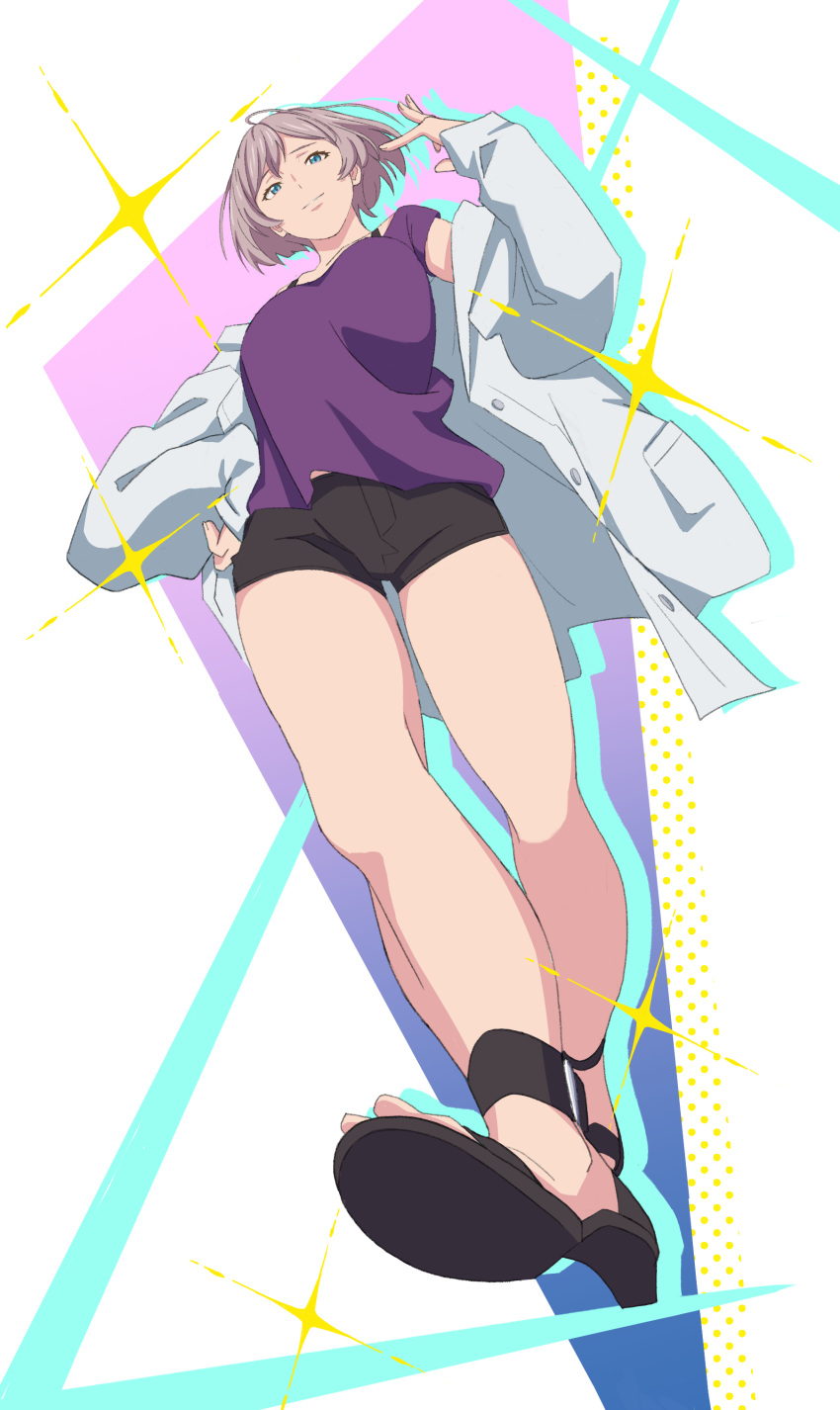 1girl absurdres arm_up bangs black_footwear black_shorts blue_eyes breasts casual from_below grey_jacket gridman_universe hand_on_hip highres jacket large_breasts light_brown_hair looking_at_viewer looking_down mujina off_shoulder open_clothes open_jacket parted_lips peeqaboo purple_shirt sandals shirt short_hair short_shorts shorts solo ssss.dynazenon thighs walking