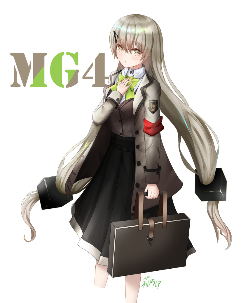 1girl absurdres bangs black_skirt blush bow bowtie breasts brown_jacket brown_vest character_name closed_mouth eyebrows_visible_through_hair girls_frontline green_bow green_bowtie grey_eyes grey_hair hair_ornament hairclip highres holding_case jacket long_hair looking_at_viewer mg4_(girls'_frontline) open_clothes open_jacket ryn_(rinorea) shirt skirt solo standing twintails vest white_background white_shirt