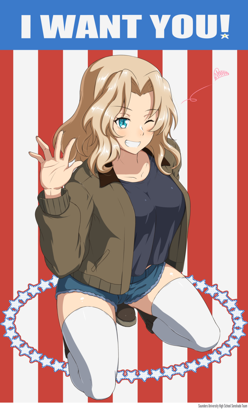 1girl ada_badguy american_flag black_shirt blonde_hair blue_eyes blue_shorts commentary_request cutoffs denim denim_shorts english_commentary english_text flag_background girls_und_panzer grin hair_intakes heart highres i_want_you jacket kay_(girls_und_panzer) kneeling long_hair looking_at_viewer mixed-language_commentary one_eye_closed open_clothes open_jacket saunders_military_uniform shirt short_shorts shorts smile solo star_(symbol) thigh-highs waving white_legwear
