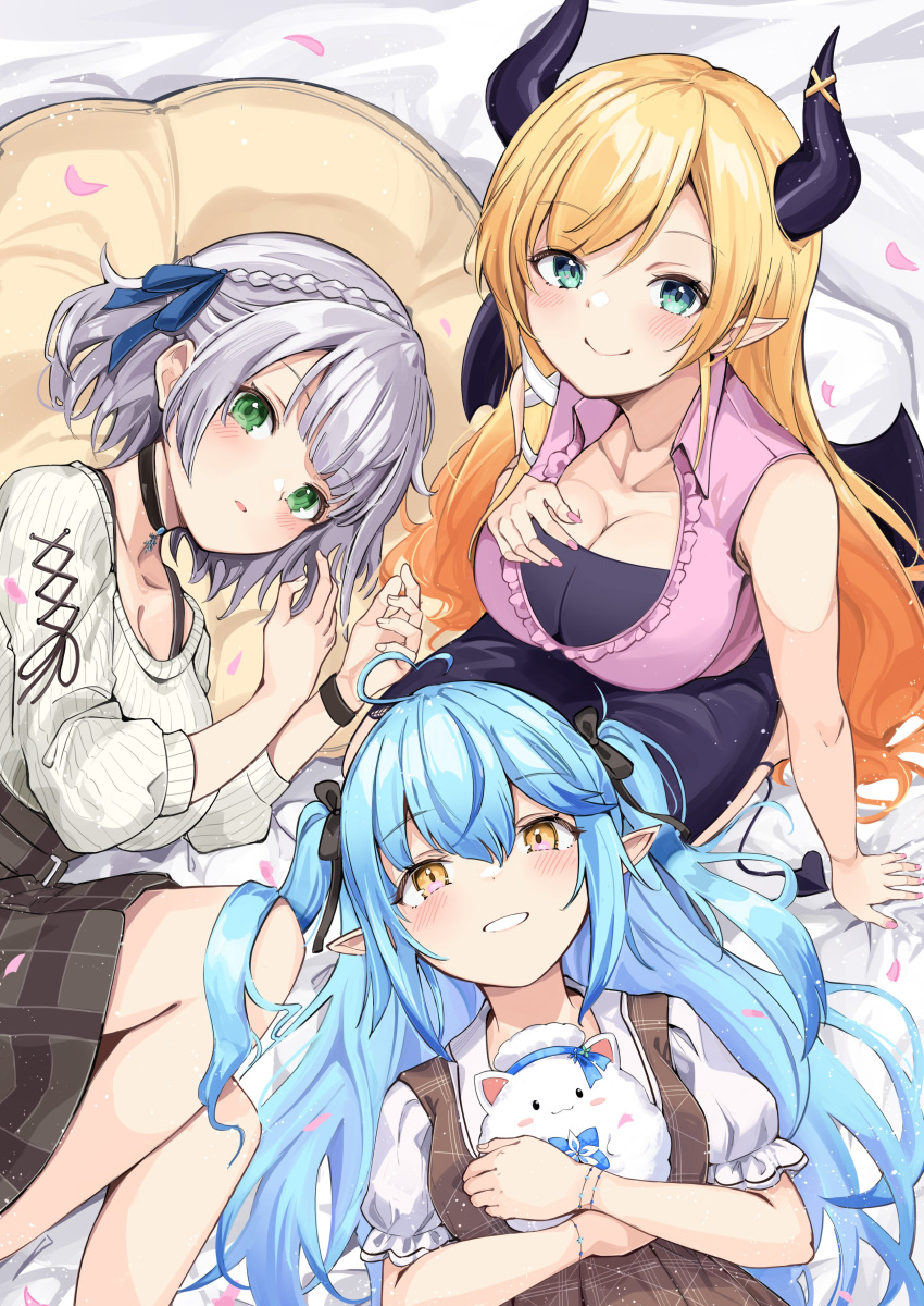 3girls absurdres anbasa_(amaneyuz13) animal_hug bangs black_choker blonde_hair blue_eyes blue_hair braid breasts choker closed_mouth collared_shirt commentary_request demon_horns elf eyebrows_visible_through_hair frilled_shirt frills green_eyes grin hair_between_eyes hair_ribbon highres hololive horns large_breasts long_hair long_sleeves looking_at_viewer lying multiple_girls on_back on_side parted_lips pink_shirt pointy_ears ribbon shirogane_noel shirt short_hair short_sleeves simple_background sleeveless sleeveless_shirt smile sweater two_side_up virtual_youtuber white_shirt white_sweater yellow_eyes yukihana_lamy yukimin_(yukihana_lamy) yuzuki_choco
