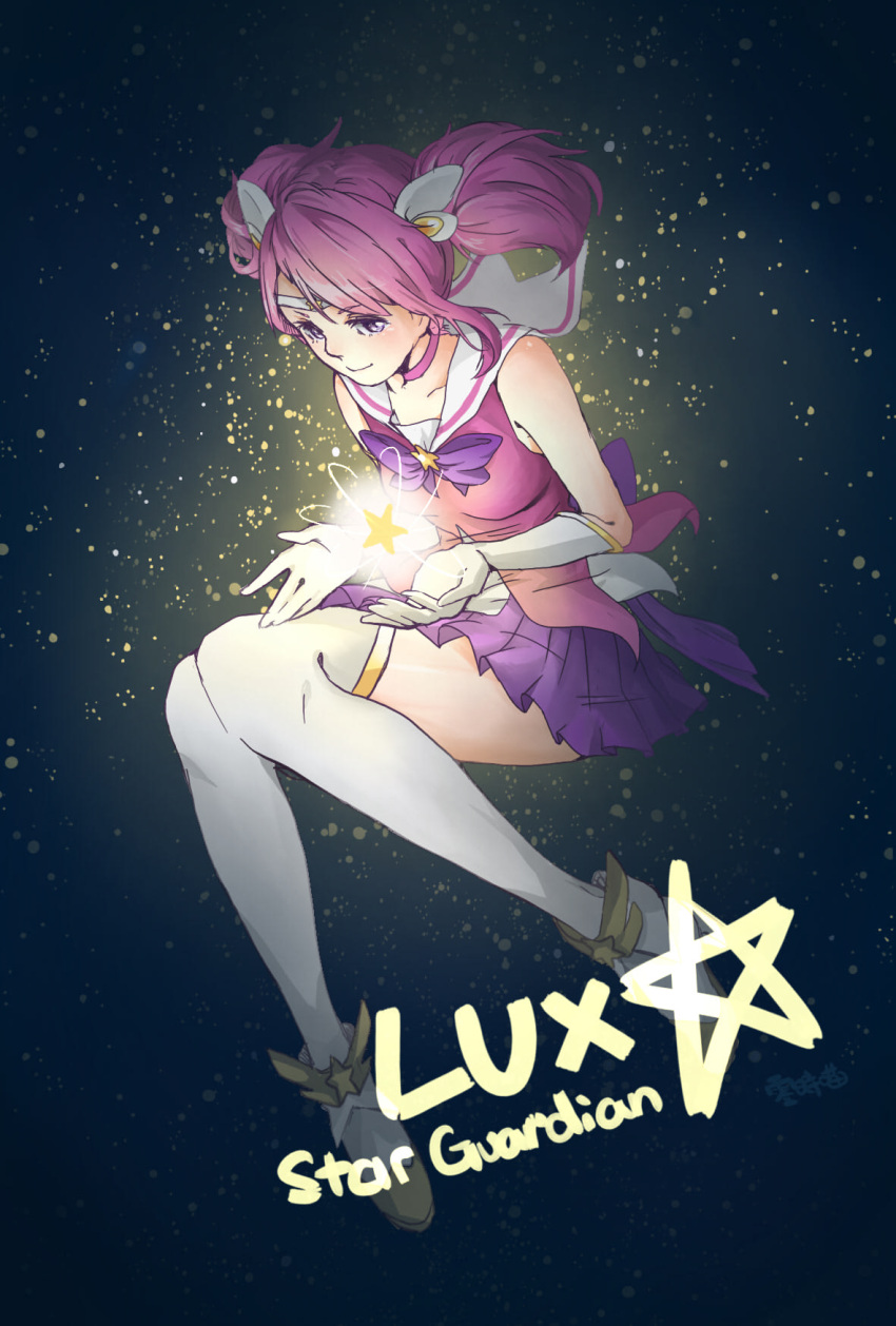 1girl bangs bare_shoulders black_background breasts character_name closed_mouth collarbone commentary_request floating gloves green_background highres holding league_of_legends lux_(league_of_legends) medium_breasts over-kneehighs pink_hair pink_shirt pleated_skirt purple_skirt ruan_chen_yue shirt shoes skirt smile star_guardian_(league_of_legends) star_guardian_lux thigh-highs twintails white_gloves