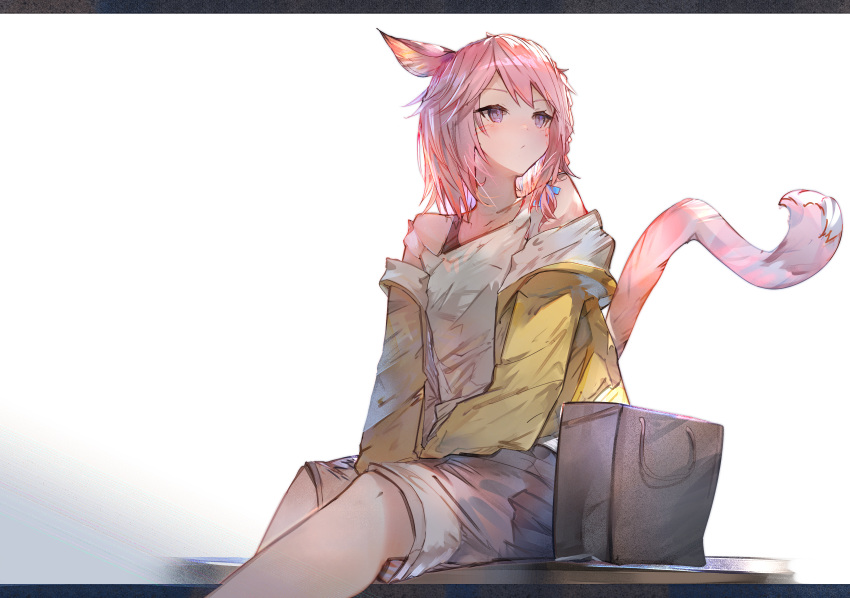 1girl animal_ears bangs bare_shoulders blush cat_ears cat_girl cat_tail closed_mouth commentary_request feet_out_of_frame final_fantasy final_fantasy_xiv highres jacket letterboxed miqo'te off_shoulder open_clothes open_jacket pink_hair shorts sitting solo strap_slip tail tank_top tota_(sizukurubiks) violet_eyes white_background white_shorts white_tank_top yellow_jacket