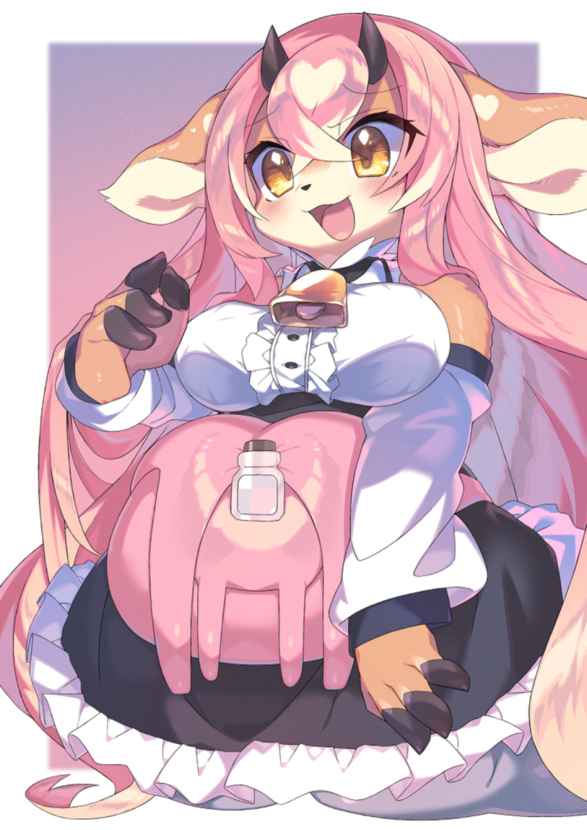 1girl animal_ears bag black_skirt borrowed_character breasts brown_eyes cow_ears cow_girl cow_horns fewer_digits furry furry_female highres horns large_breasts long_hair momo_(kishibe) moumoufuton open_mouth original pink_hair shirt sitting skirt smile solo very_long_hair white_shirt white_sleeves