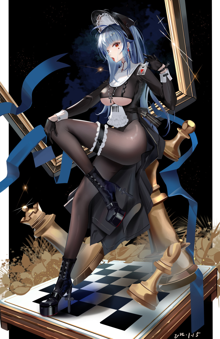1girl absurdres azur_lane bishop_(chess) black_background black_dress black_footwear black_gloves black_legwear blue_hair boots breasts card checkered_floor chess_piece clothing_cutout dress facepaint facial_mark from_side full_body gloves half_gloves high_heel_boots high_heels highres king_(chess) leg_up legs long_hair looking_at_viewer maid marco_polo_(azur_lane) marco_polo_(the_queen_of_hearts)_(azur_lane) medium_breasts official_alternate_costume open_mouth pantyhose pawn platform_boots platform_footwear playing_card queen_(chess) red_eyes sabou_san-shitsu_kokoro solo standing standing_on_one_leg stiletto_heels thighs tongue tongue_out under_boob underboob_cutout