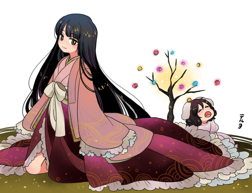 2girls =_= animal_ears bangs black_eyes black_hair blunt_ends blush branch closed_mouth commentary_request dress eyelashes frilled_kimono frills full_body highres hime_cut houraisan_kaguya inaba_tewi japanese_clothes jeweled_branch_of_hourai kimono long_hair long_sleeves looking_at_viewer mashuu_masaki multiple_girls open_mouth pink_dress pink_kimono puffy_short_sleeves puffy_sleeves rabbit_ears sash shiny shiny_hair short_hair short_sleeves sidelocks simple_background smile standing tongue tongue_out touhou very_long_hair white_background white_sash wide_sleeves
