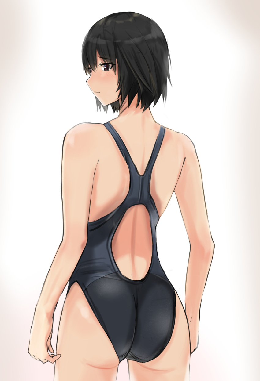 1girl amagami ass black_hair black_swimsuit brown_eyes coat competition_swimsuit cowboy_shot from_behind highres looking_to_the_side nanasaki_ai one-piece_swimsuit short_hair simple_background solo standing swimsuit swimsuit_under_clothes white_background ykh1028