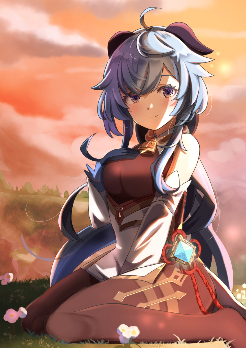 absurdres ahoge bangs bare_shoulders bell between_legs black_gloves black_legwear blue_hair blush bow breasts chinese_knot clouds cloudy_sky detached_sleeves dusk flower flower_knot ganyu_(genshin_impact) genshin_impact gloves gold_trim hand_between_legs hand_on_own_chest highres horns long_hair looking_at_viewer medium_breasts mxsoundtube neck_bell no_shoes orange_sky red_rope rope sidelocks sitting sky smile solo sunset tassel thighlet violet_eyes vision_(genshin_impact) wariza white_flower white_sleeves