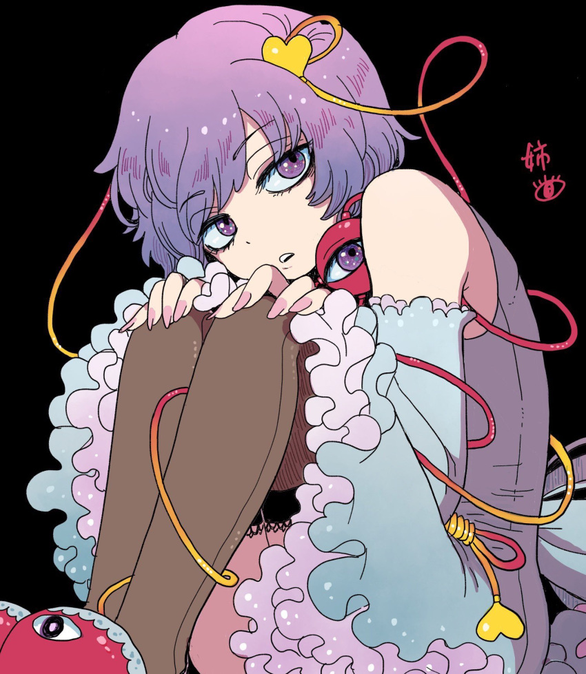 1girl adapted_costume bangs bare_shoulders black_background black_legwear blouse blue_blouse detached_sleeves eyebrows_visible_through_hair eyelashes hands_on_own_knees highres komeiji_satori long_sleeves looking_at_viewer mashuu_masaki nail_polish open_mouth parted_lips pink_nails purple_hair short_hair simple_background sitting slippers solo teeth thigh-highs touhou translation_request upper_teeth violet_eyes wide_sleeves