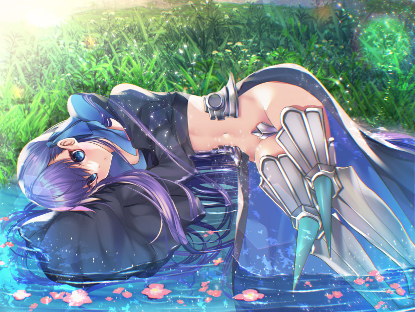 1girl armored_boots bangs black_jacket blue_eyes blue_ribbon blush boots breasts cropped_jacket crotch_plate fate/extra fate/extra_ccc fate_(series) grass hair_ribbon highres jacket long_hair long_sleeves looking_at_viewer lying meltryllis_(fate) navel on_side open_mouth prosthesis prosthetic_leg purple_hair ribbon sleeves_past_fingers sleeves_past_wrists small_breasts solo tajima_yoshikazu very_long_hair water