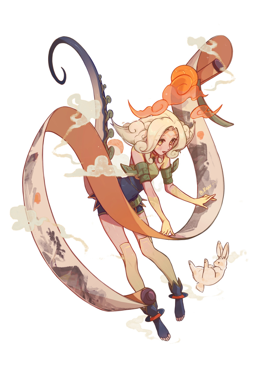 1girl absurdres animal bangs bare_shoulders blonde_hair clouds detached_sleeves green_eyes grey_background highres league_of_legends long_hair neeko_(league_of_legends) over-kneehighs parted_bangs rabbit ruan_chen_yue scroll shan_hai_scrolls_neeko shoes shorts signature simple_background smile solo tail thigh-highs toeless_footwear
