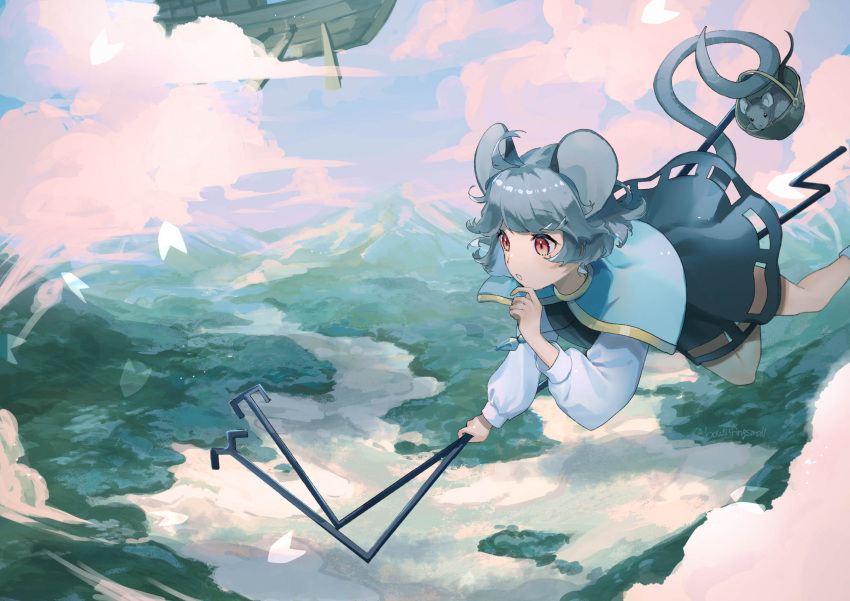 1girl :o animal animal_ears basket blue_capelet boat capelet clouds cloudy_sky commentary commission dowsing_rod feet_out_of_frame finger_to_own_chin floating forest grey_hair grey_skirt grey_vest hand_up highres holding holding_basket holding_with_tail jewelry koito_(bowstringsmall) long_sleeves mountain mountainous_horizon mouse mouse_ears mouse_girl mouse_tail nature nazrin open_mouth outdoors palanquin_ship pendant prehensile_tail red_eyes river scenery short_hair skeb_commission skirt sky solo tail touhou vest watercraft wavy_hair white_sleeves