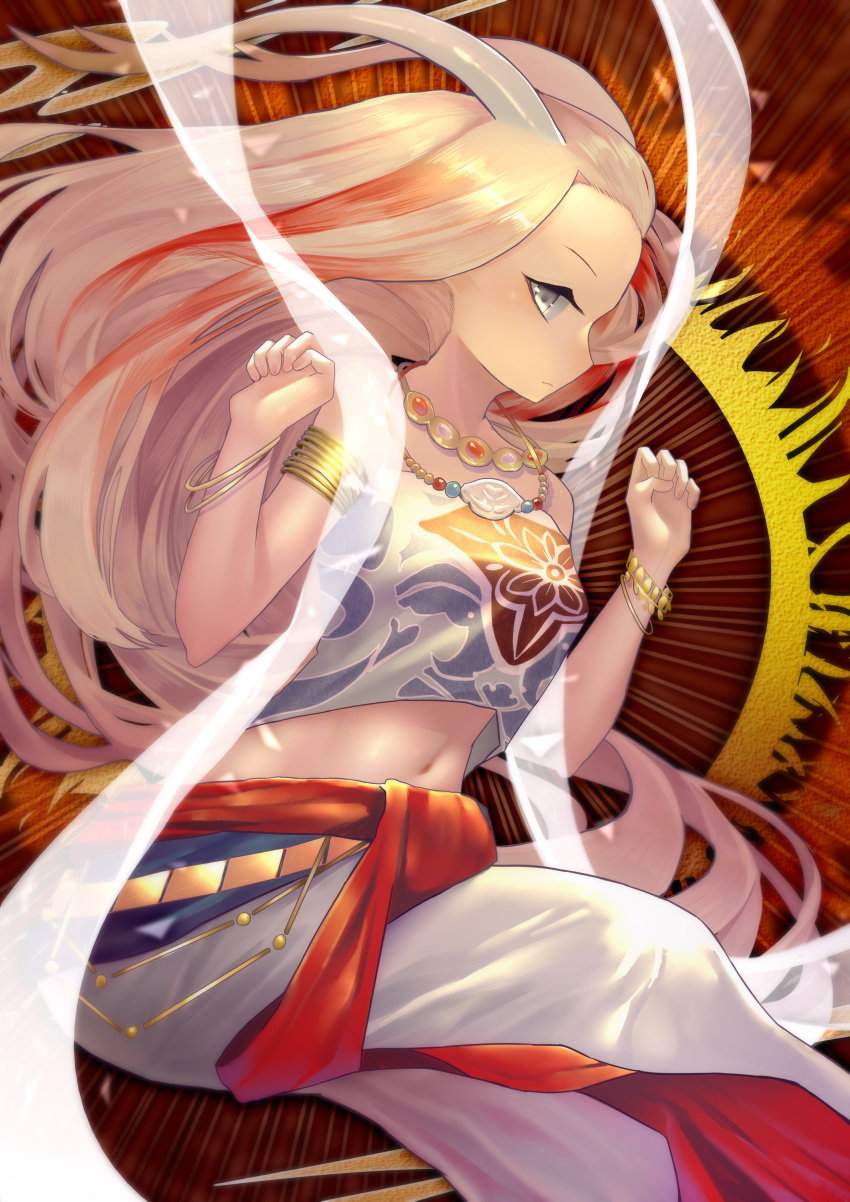 1girl a_deer_of_nine_colors absurdres arknights armlet bangle bare_shoulders bielin bracelet commentary_request crop_top forehead grey_eyes hands_up highres jewelry long_hair looking_at_viewer midriff multicolored_hair navel nine-colored_deer partial_commentary red_sash redhead sash shawl silver_hair skirt solo stomach streaked_hair very_long_hair white_skirt