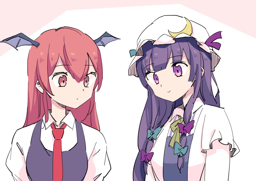 2girls :&gt; :/ akuma bangs black_vest blue_bow blunt_bangs bow closed_mouth crescent crescent_hat_ornament eyebrows_visible_through_hair hair_between_eyes hair_bow hair_ribbon hat hat_ornament head_wings highres juliet_sleeves koakuma light_smile long_hair long_sleeves looking_at_another mob_cap multi-tied_hair multiple_girls necktie patchouli_knowledge puffy_sleeves purple_bow purple_hair red_eyes red_necktie redhead ribbon simple_background touhou tress_ribbon upper_body vest violet_eyes white_background white_headwear wing_collar