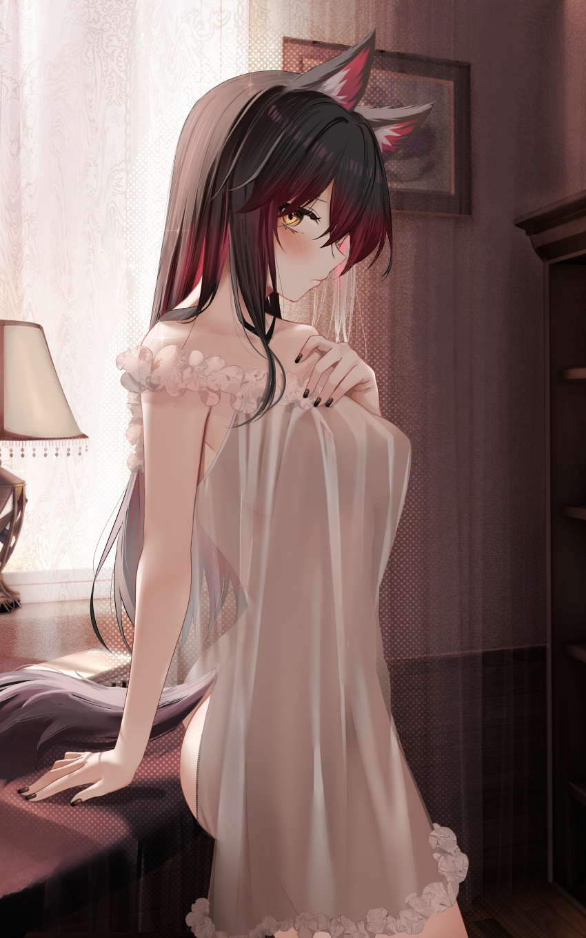 1girl absurdres animal_ear_fluff animal_ears arknights ass bangs black_hair black_nails blush breasts cellphone closed_mouth commission curtains day desk from_side gradient_hair highres lamp long_hair looking_at_viewer looking_to_the_side medium_breasts multicolored_hair nightgown phone picture_frame pixiv_request profile redhead revision ru_zhai see-through see-through_dress shelf sleepwear smartphone solo straight_hair tail texas_(arknights) window wolf_ears wolf_girl wolf_tail yellow_eyes