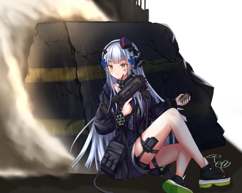 1girl bangs black_footwear black_jacket blue_hair blush closed_mouth explosive eyebrows_visible_through_hair full_body girls_frontline green_eyes grenade gun hair_ornament hair_ribbon hairclip headset highres hk416_(girls'_frontline) holding holding_grenade holding_gun holding_weapon jacket long_hair looking_away mod3_(girls'_frontline) on_floor open_clothes open_jacket ribbon ryn_(rinorea) shoes simple_background solo tactical_clothes teardrop_facial_mark teardrop_tattoo weapon