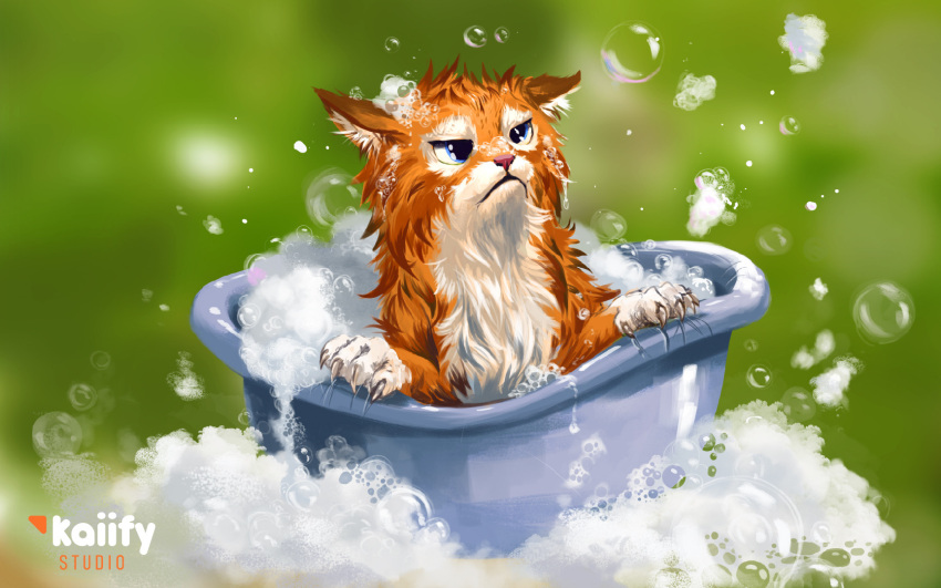 animal animal_focus artist_name bath blue_eyes blurry blurry_background bubble cat closed_mouth concept_art english_commentary frown highres kaiify landscape no_humans original soap_bubbles wet
