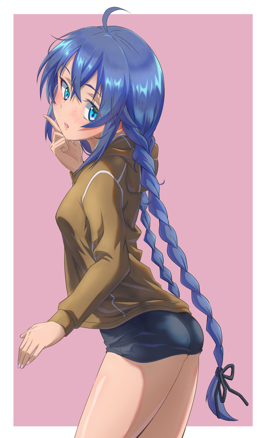 1girl :o absurdres ahoge ass bangs black_ribbon black_shorts blue_eyes blue_hair braid brown_hoodie contemporary crossed_bangs eyebrows_behind_hair from_side hair_between_eyes hand_on_own_cheek hand_on_own_face highres honba_misaki hood hoodie index_finger_raised light_blush long_hair long_sleeves looking_at_viewer looking_back looking_to_the_side mushoku_tensei nail_polish open_mouth pink_background pink_nails ribbon roxy_migurdia shiny shiny_skin short_shorts shorts sidelocks solo twin_braids very_long_hair